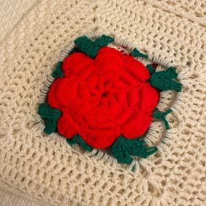 Vintage crocheted Afghan with 3d roses 73 1/2” by 53 1/2” handmade blanket